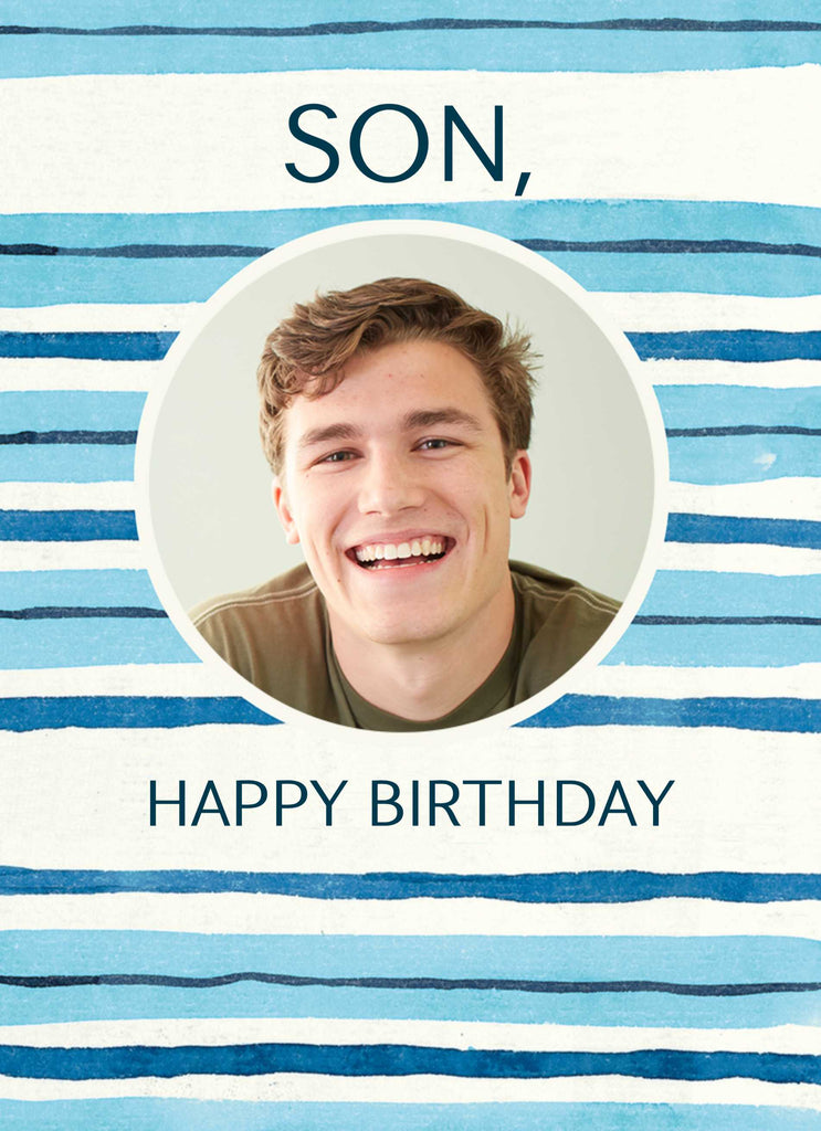 Son Happy Birthday Photo Upload Editable Striped Pattern